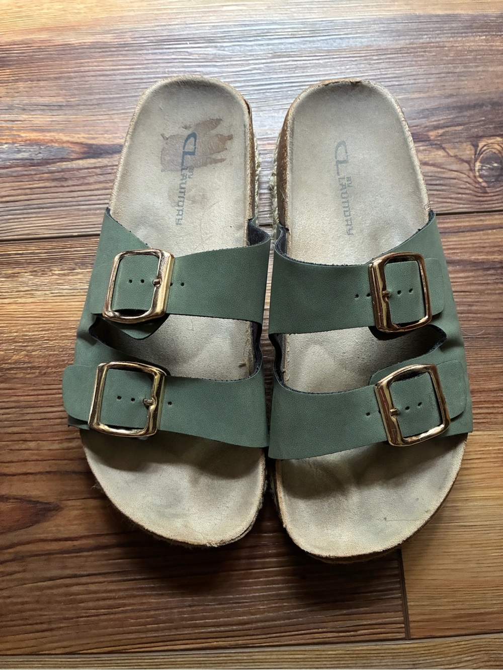 CL by Laundry Olive Green Double Buckle Sandal Slides with Gold Buckles and Trim
